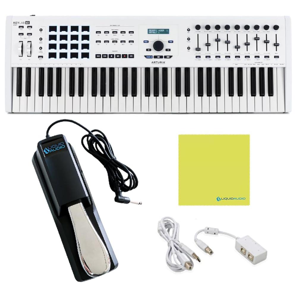 Arturia KeyLab 61 MKII 61-key Keyboard Controller Bundle w/Deluxe Sustain Pedal, USB Cable & Liquid Audio Polishing Cloth White (4 Items)