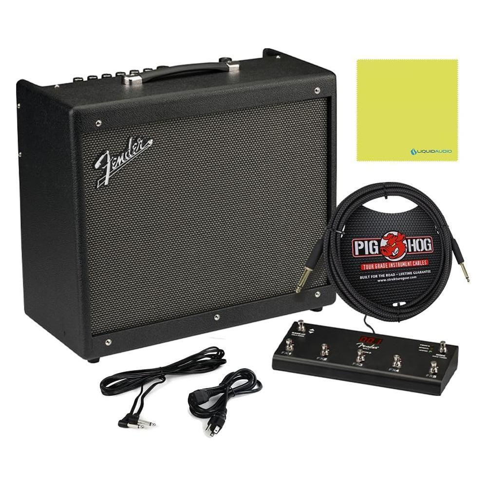 Fender Mustang GTX100 Guitar Amplifiers 120V Bundle w/Pig Hog PCH10BK Instrument Cable, Fender Foot-Switch, Instrument Cable, Power Cable, 12x Fender Picks and Liquid Audio Polishing Cloth