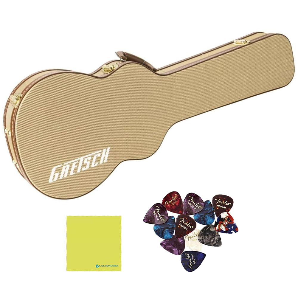 Liquid Audio Gretsch® G2655T Streamliner Guitar Case, Brown Plush Interior, Tweed - 9222655001 Bundle w/ 12-Pack Guitar Pick Polishing Cloth