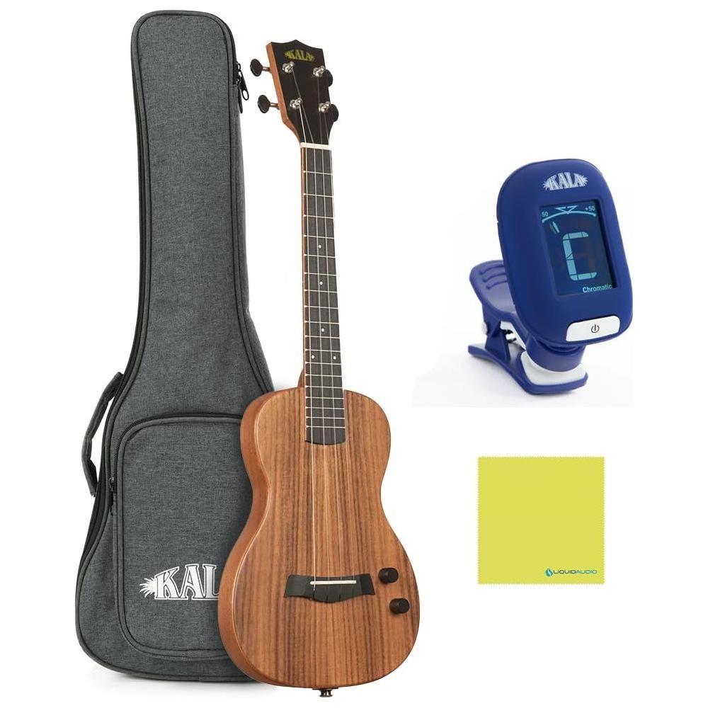 Kala Solid Body Electric Acacia Tenor Ukulele with Bag, KA-SB-ACA-T Bundle w/Kala KKBL Klipz Tuner in Blue and Liquid Audio Polishing Cloth