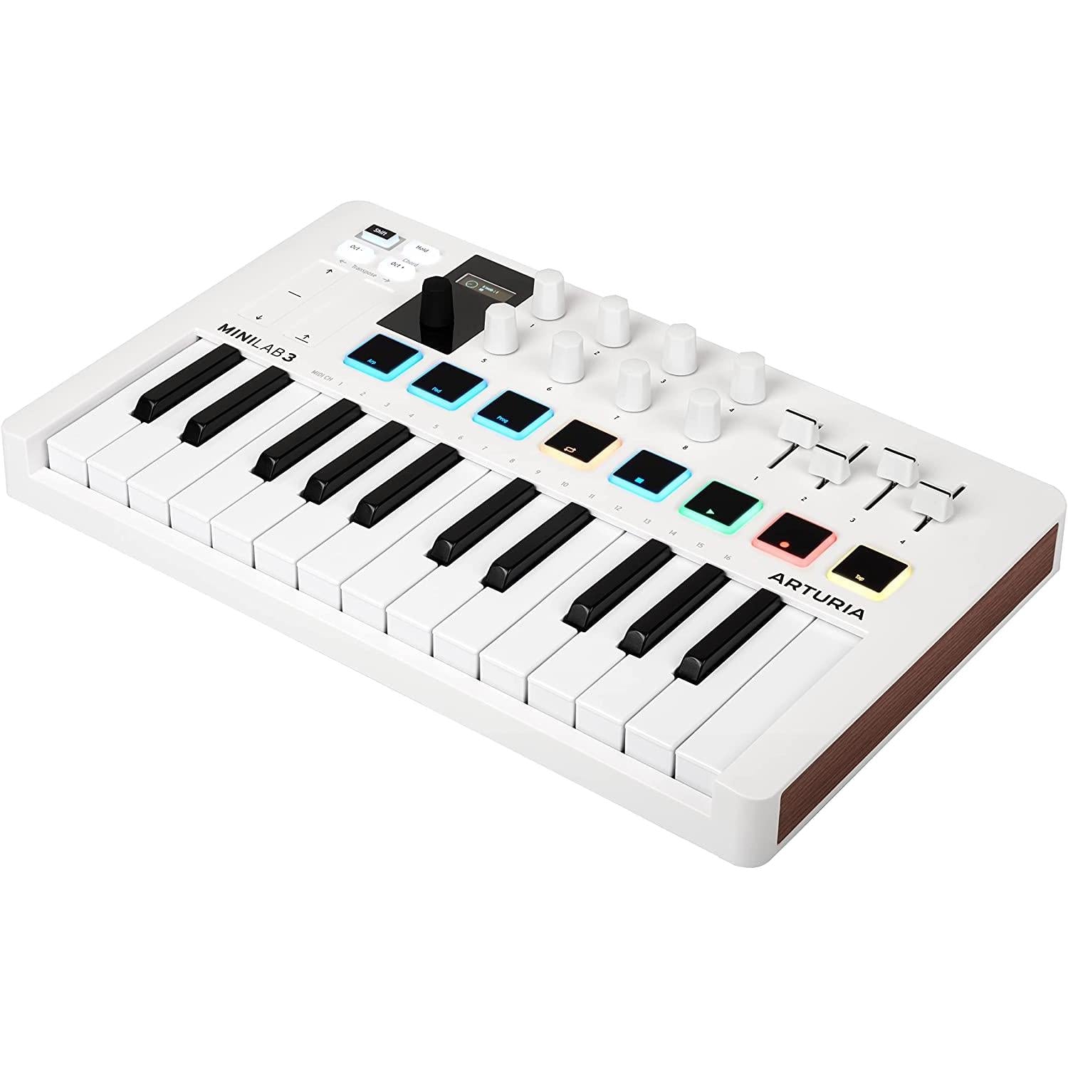 Arturia MiniLab 3 MIDI Keyboard Controller Bundle with Deluxe Sustain Pedal, USB Cable & Liquid Audio Polishing Cloth - 25 Key MIDI Keyboard for Recording Studio Equipment, Software Included (WHITE)