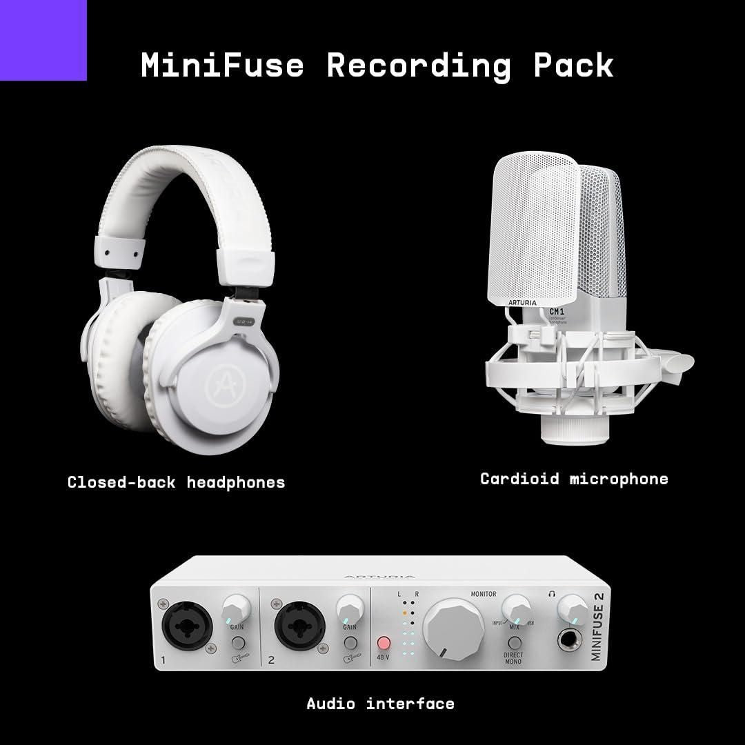 Arturia - MiniFuse Recording Pack - Compact USB Audio & MIDI Interface + Microphone + XLR Cable + Headphones + Creative Software for High-Quality Recording, Production, Podcasting, Guitar - |White]