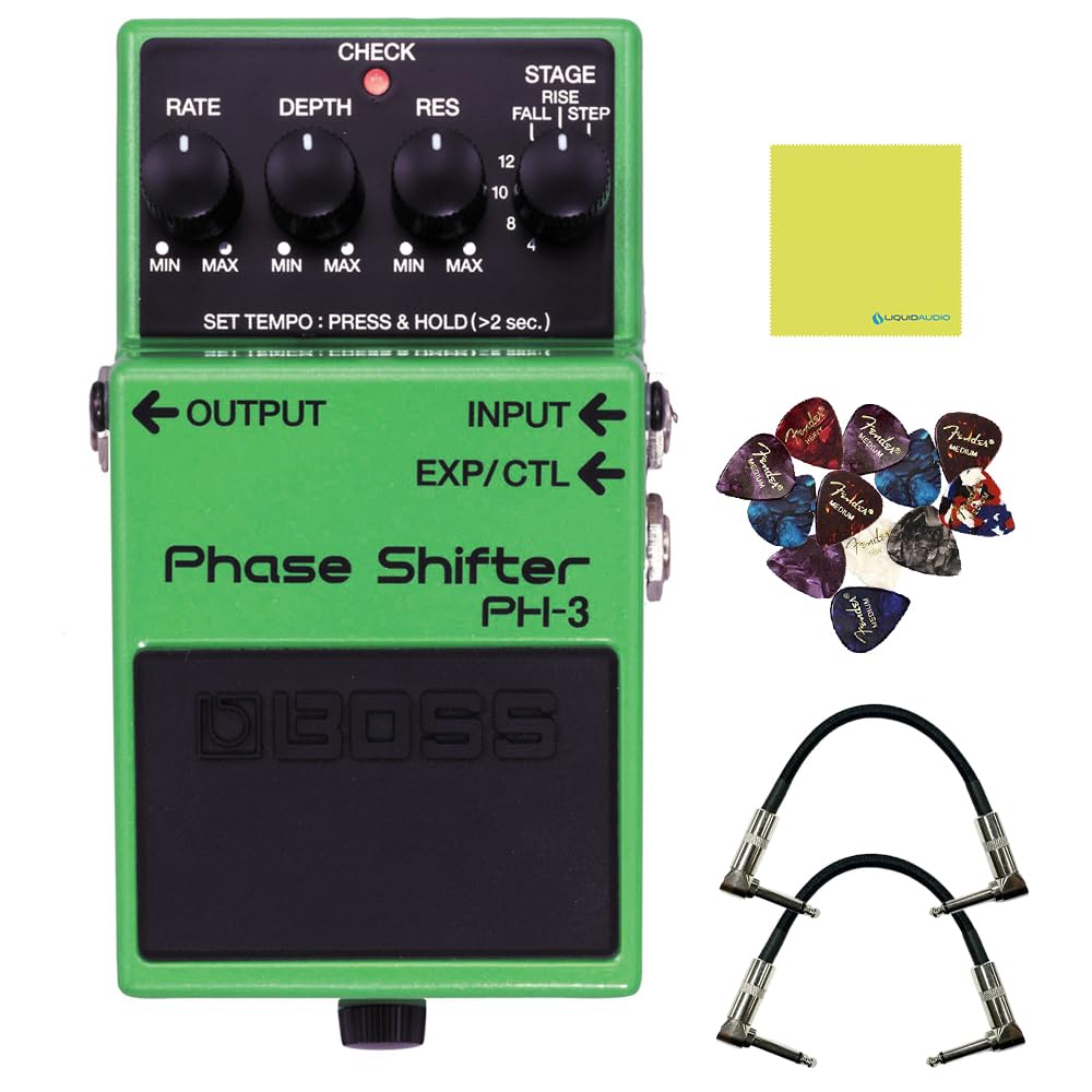 Boss PH-3 Phase Shifter Pedal Bundle w/ 2-Pack Strukture S6P48 Woven Right Angle Patch Cable, 12-Pack Guitar Pick and Liquid Audio Polishing Cloth