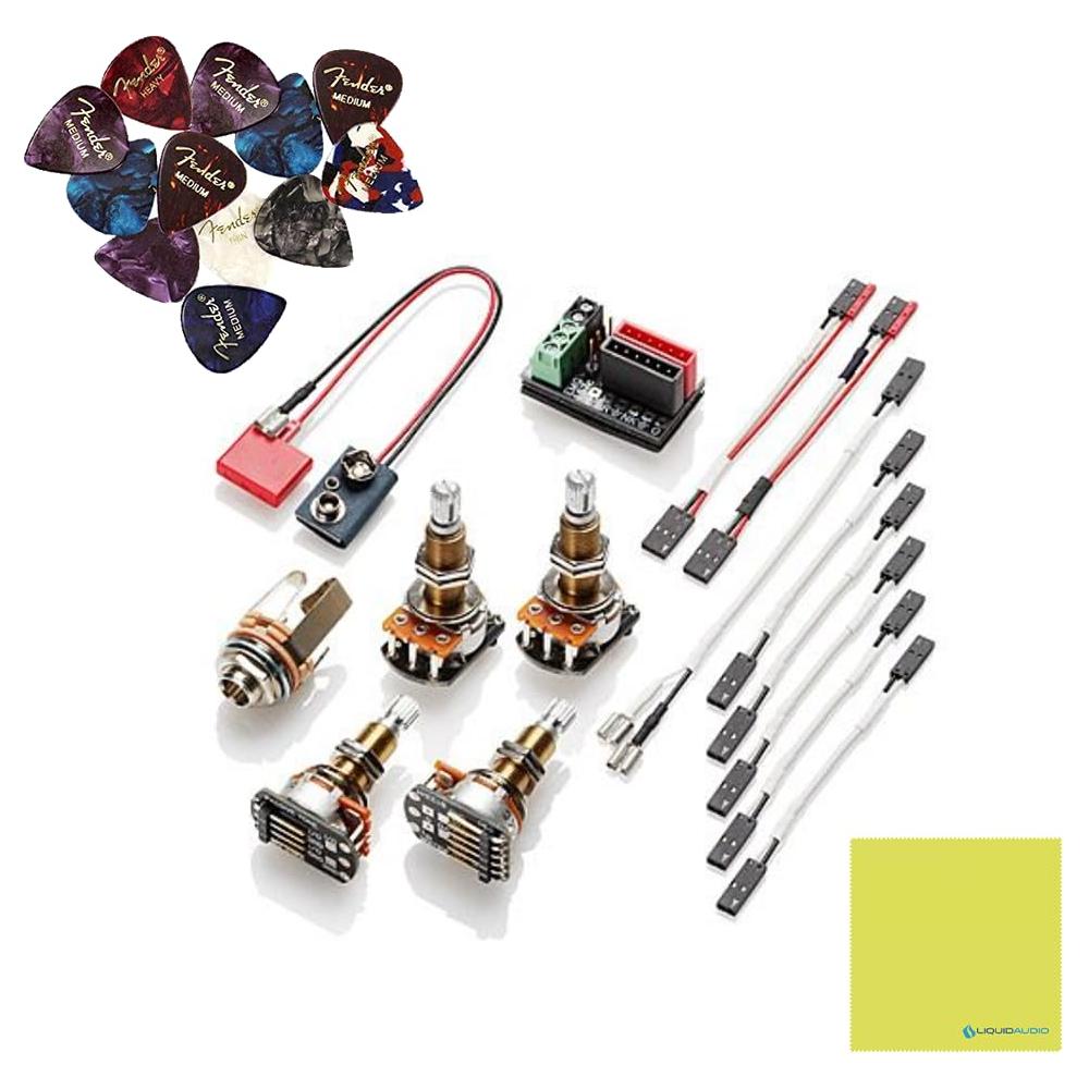 EMG 1 OR 2 PICKUP KIT Solderless Wiring Kit for 1-2 Active Pickups - Short Shaft Bundle w/ 12x Fender Guitar Picks, and Liquid Audio Polishing Cloth