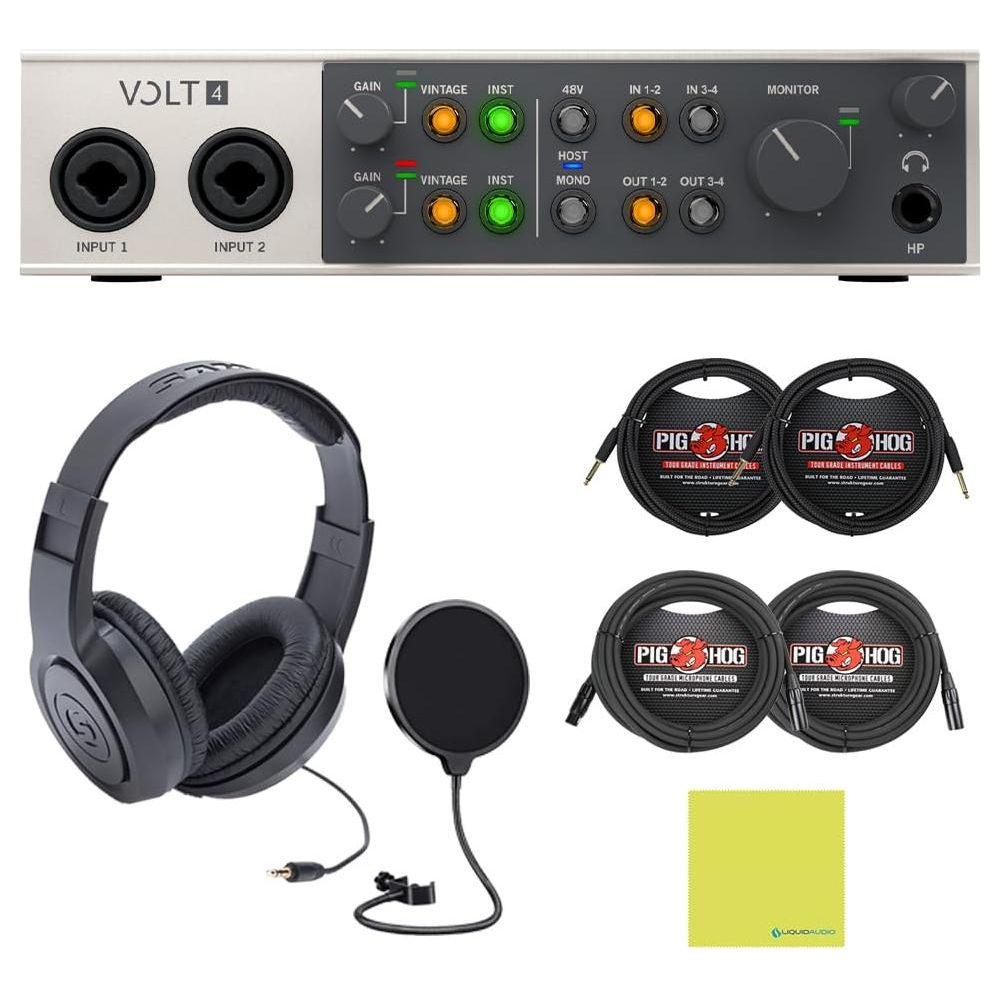 Universal Audio Volt 4 USB-C Audio Interface Bundle w/Samson Over-Ear Stereo Headphones, 2-Pack Pig Hog 8mm XLR Mic Cable, 2-Pack Pig Hog "Black Woven" Instrument Cable, & Liquid Audio Pop Filter