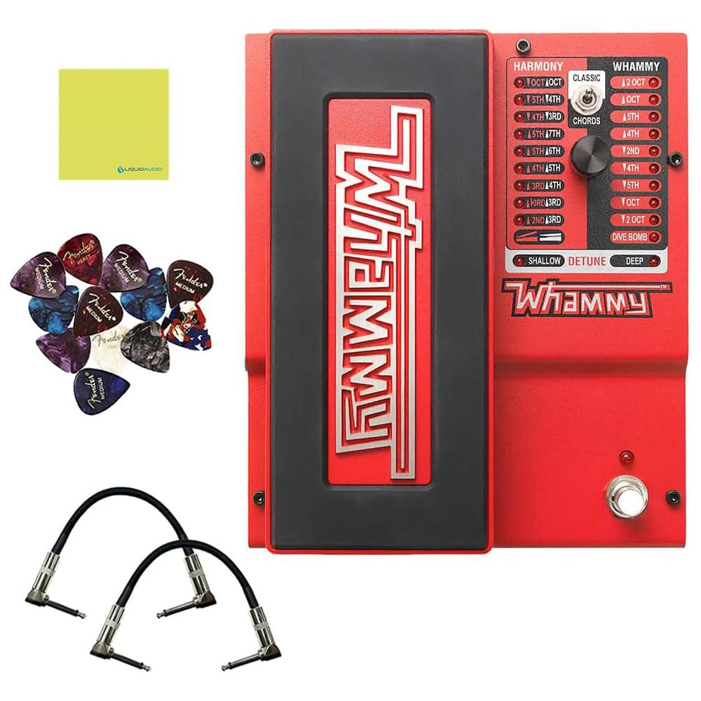 DigiTech Whammy 2-Mode Pitch Shift Effect Pedal Bundle w/ 2-Pack Strukture S6P48 Woven Right Angle Patch Cable, 12-Pack Guitar Pick and Liquid Audio Polishing Cloth