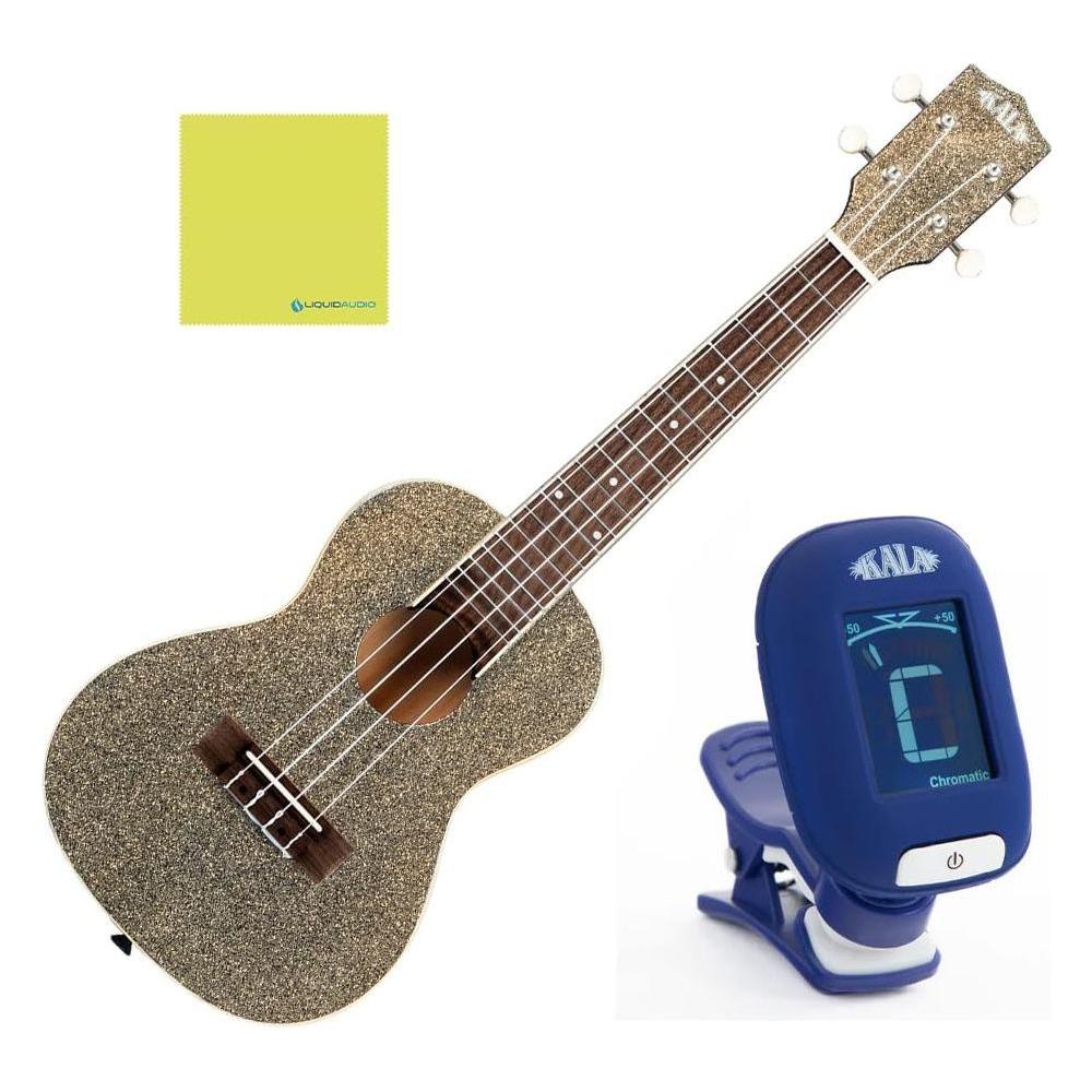 Kala Stardust Gold Sparkle Concert Ukulele, KA-SPRK-GOLD Bundle w/Kala KKBL Klipz Tuner in Blue and Liquid Audio Polishing Cloth