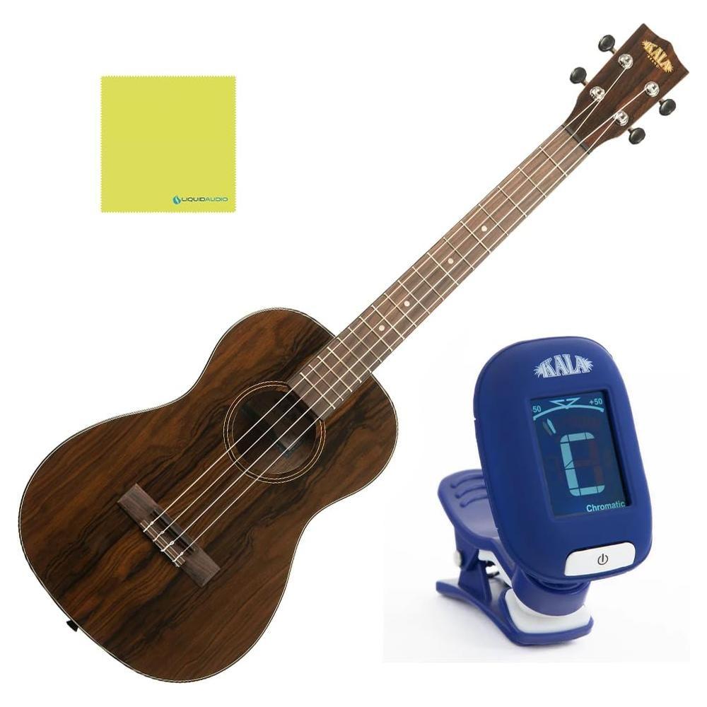 Kala Ziricote Gloss Baritone Ukulele, KA-ZCT-B Bundle w/Kala KKBL Klipz Tuner in Blue and Liquid Audio Polishing Cloth