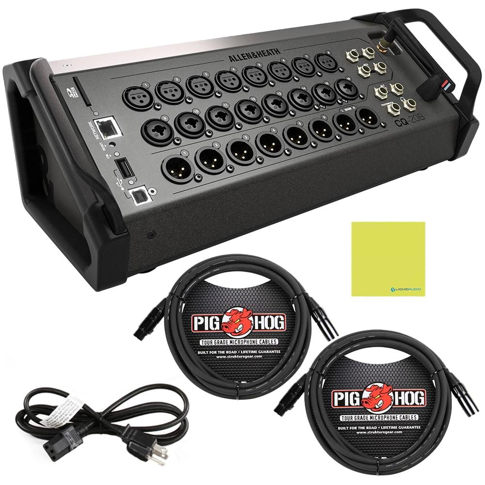 Allen & Heath AH-CQ20B Ultra-Compact 20in / 8out Digital Mixer Bundle w/ 2-Pack Pig Hog PHM15 Pig Hog 8mm Mic Cable, Power Cable and Liquid Audio Polishing Cloth