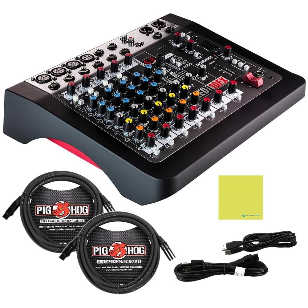 Allen & Heath ZEDi-10FX Hybrid Compact Mixer/USB Interface with FX Bundle w/ 2-Pack Pig Hog PHM15 8mm XLR Mic Cable, Power Cable, USB Cable & Liquid Audio Polishing Cloth