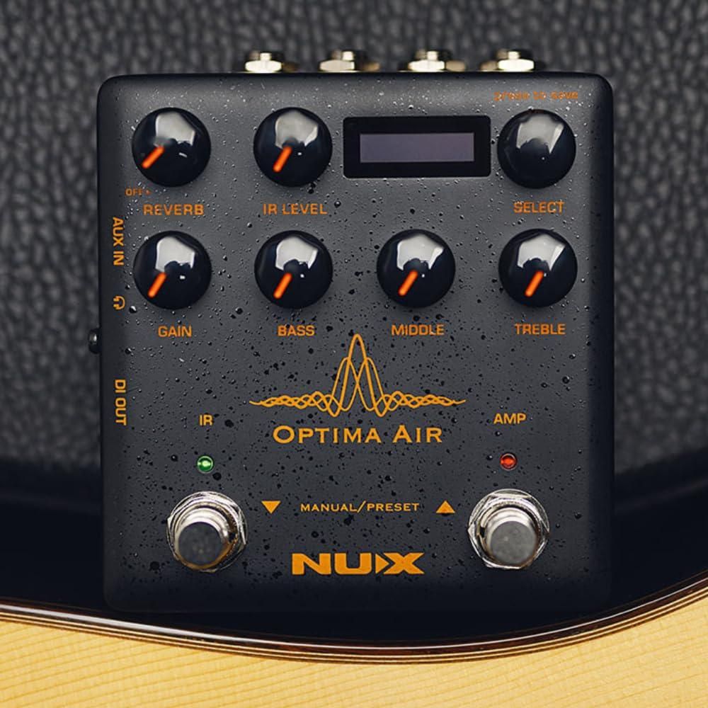 NUX Optima Air NAI-5 Dual Switch Guitar Simulator Bundle w/2x Strukture S6P48 Woven Right Angle Patch Cables, 12x Guitar Picks and Liquid Audio Polishing Cloth