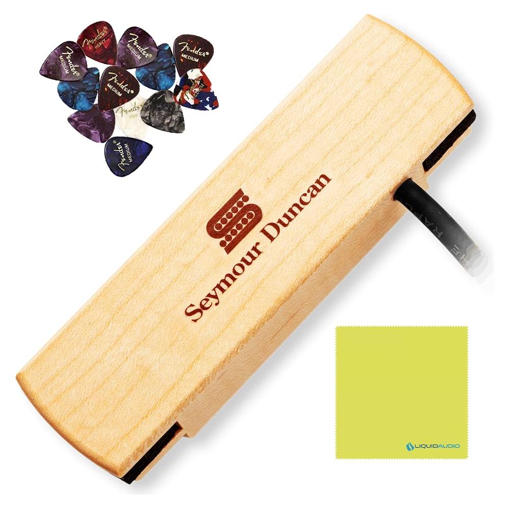 Seymour Duncan 11500-31 Woody Hum Canceling Acoustic Guitar Soundhole Pickup - Maple Bundle w/ 12x Fender Guitar Picks, and Liquid Audio Polishing Cloth