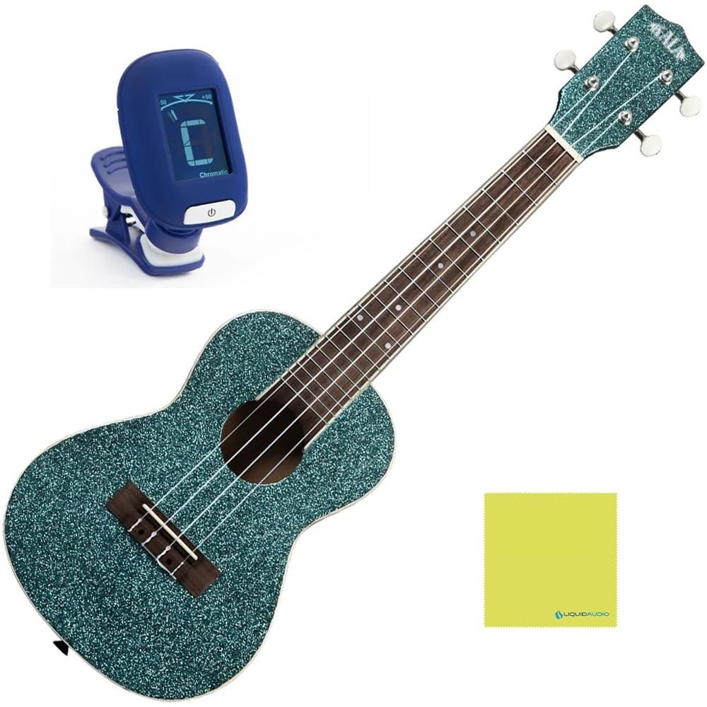 Kala Rhapsody in Blue Sparkle Concert Ukulele, KA-SPRK-AQUA Bundle w/Kala KKBL Klipz Tuner in Blue and Liquid Audio Polishing Cloth