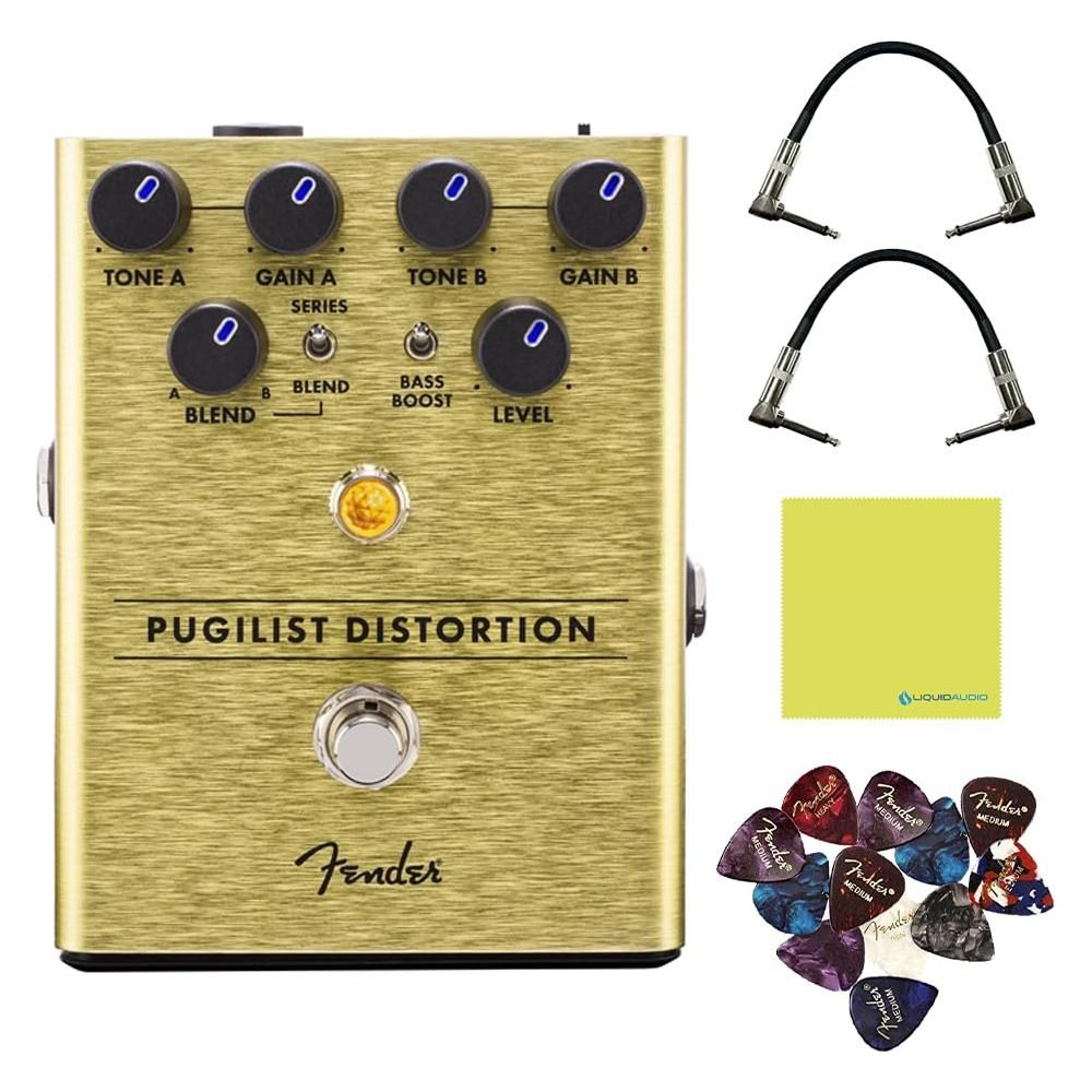 Fender Pugilist Distortion Effects Pedal Bundle w/2x Strukture S6P48 Woven Right Angle Patch Cables, 12x Guitar Picks and Liquid Audio Polishing Cloth