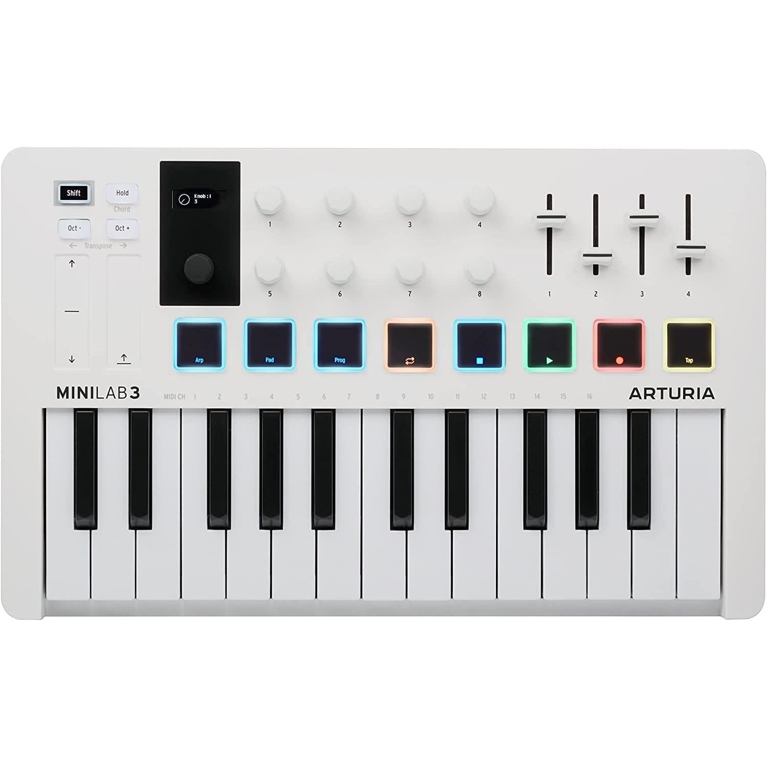 Arturia MiniLab 3 MIDI Keyboard Controller Bundle with Samson Headphones SR350 Over Ear, USB Cable & Polishing Cloth - 25 Key MIDI Keyboard for Recording Studio Equipment, Software Included (WHITE)