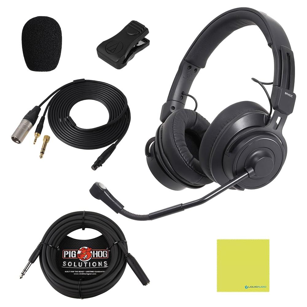 Liquid Audio Audio Technica BPHS2C Broadcast Stereo Headset, XLR - Mic Bundle w/Pig Hog PHX14-25 Headphone Extension Cable Polishing Cloth