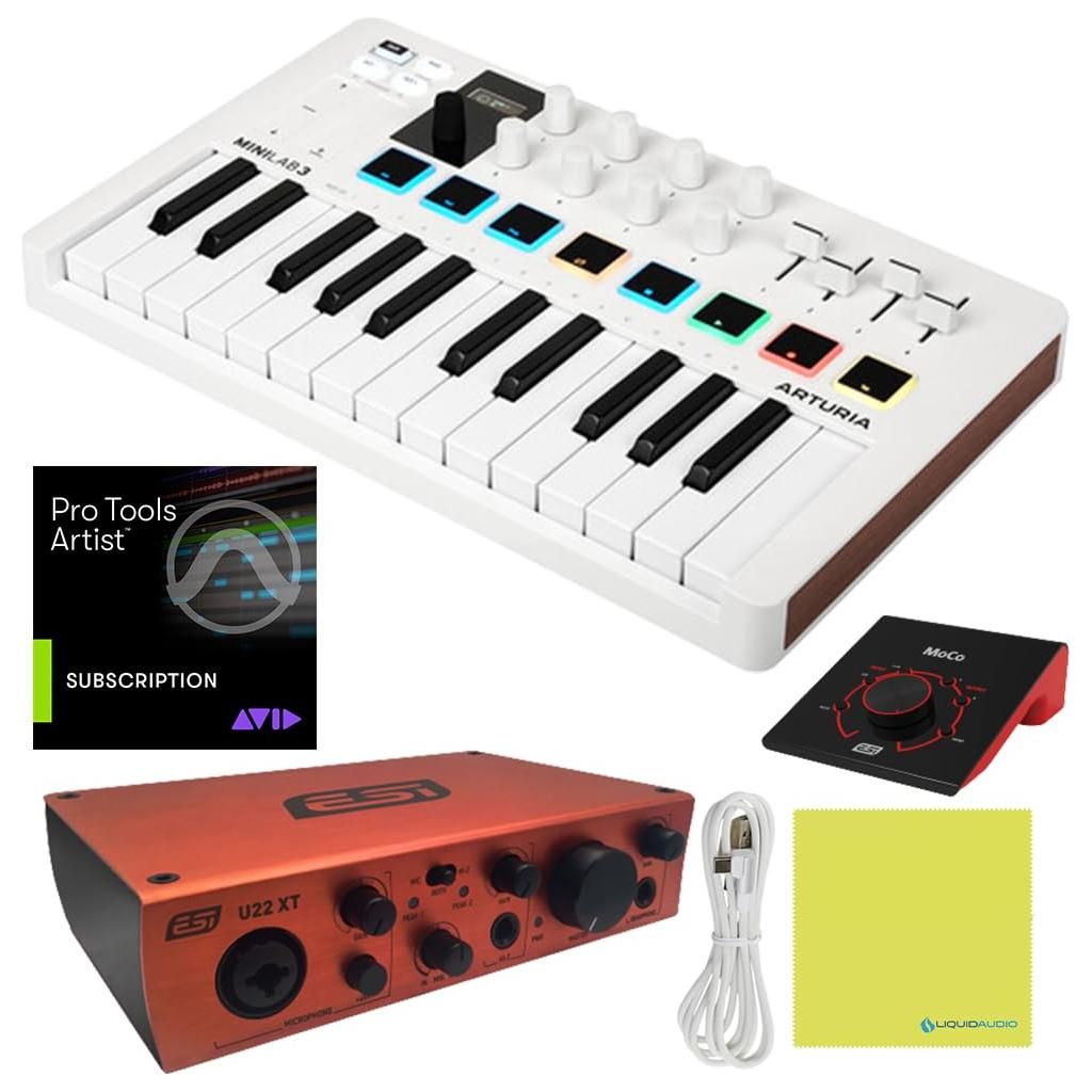 Arturia MiniLab 3 Mini Hybrid Keyboard Controller Bundle w/ESI U22 XT Audio Interface, ESI MoCo Passive Monitor Controller, Pro USB Cable & Liquid Audio Polishing Cloth