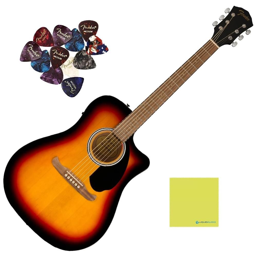 Fender FA-125CE Dreadnought Acoustic Guitars, Walnut Fingerboard, Sunburst Bundle w/ 12x Picks and Liquid Audio Polishing Cloth