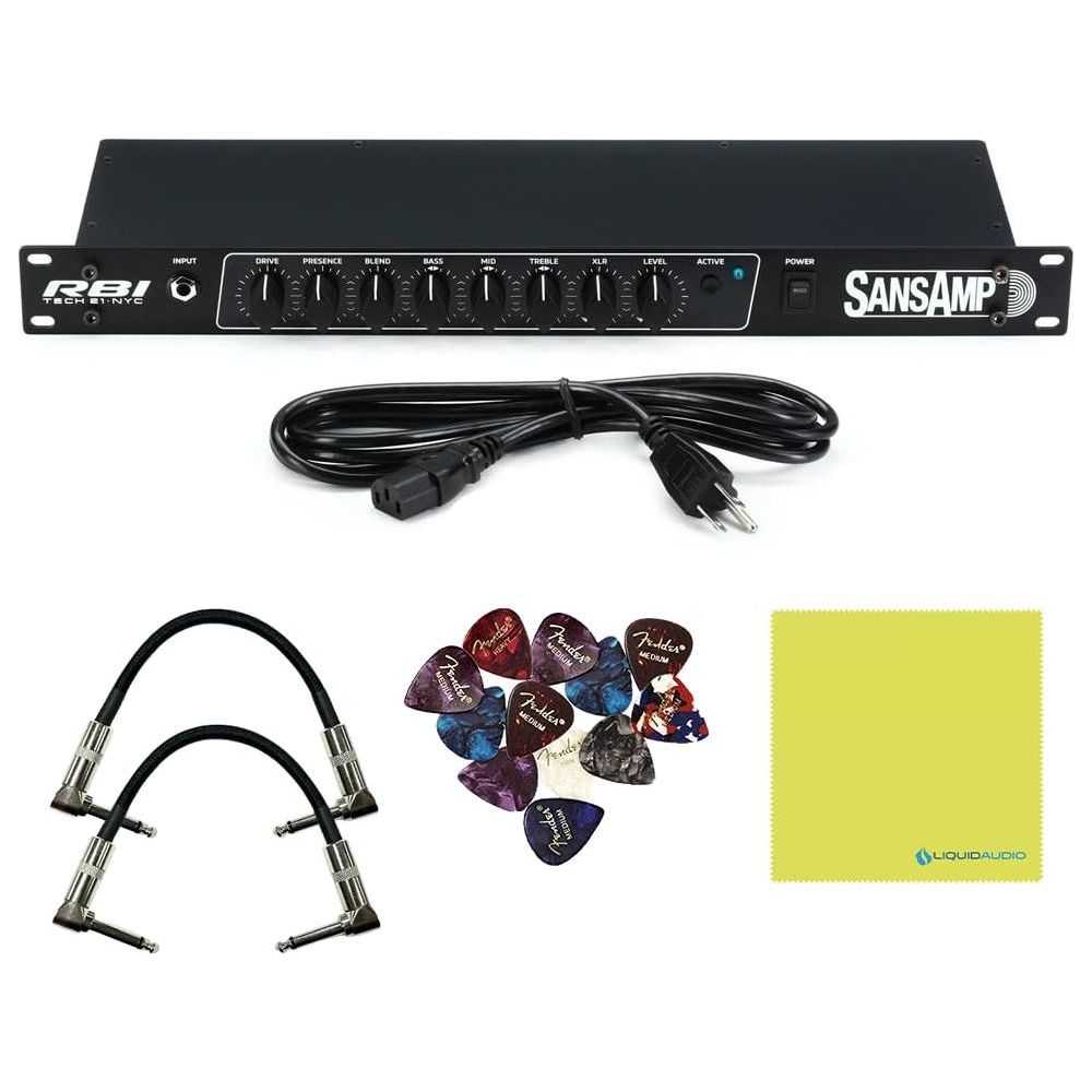 Tech 21 RBI SansAmp RBI 1U Rackmount Bass Preamp Bundle w/ 2X Strukture S6P48 Woven Right Angle Patch Cables, 12x Fender Picks and Liquid Audio Polishing Cloth