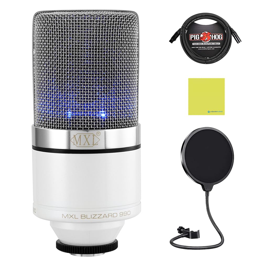 Liquid Audio MXL 990 Blizzard LED Condenser Microphone Perfect for Any Live Stream Bundle w/Pig Hog PHM10 8mm Mic Cable, Pop Filter Polishing Cloth