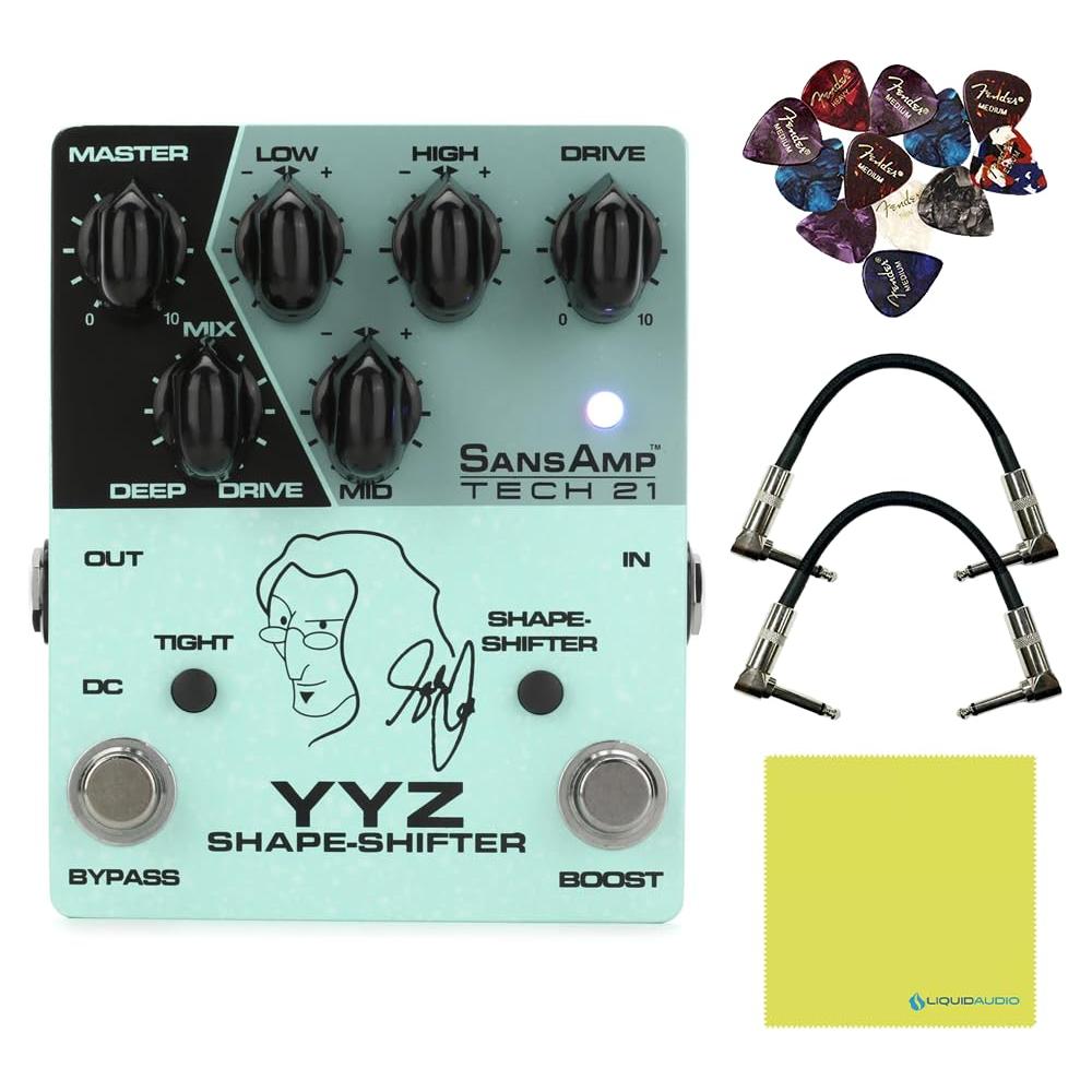 Tech 21 YYZ-SH Geddy Lee Shape-Shifter Signature SansAmp Pedal Bundle w/ 2x Strukture S6P48 Woven Right Angle Patch Cables, 12x Fender Picks and Liquid Audio Polishing Cloth