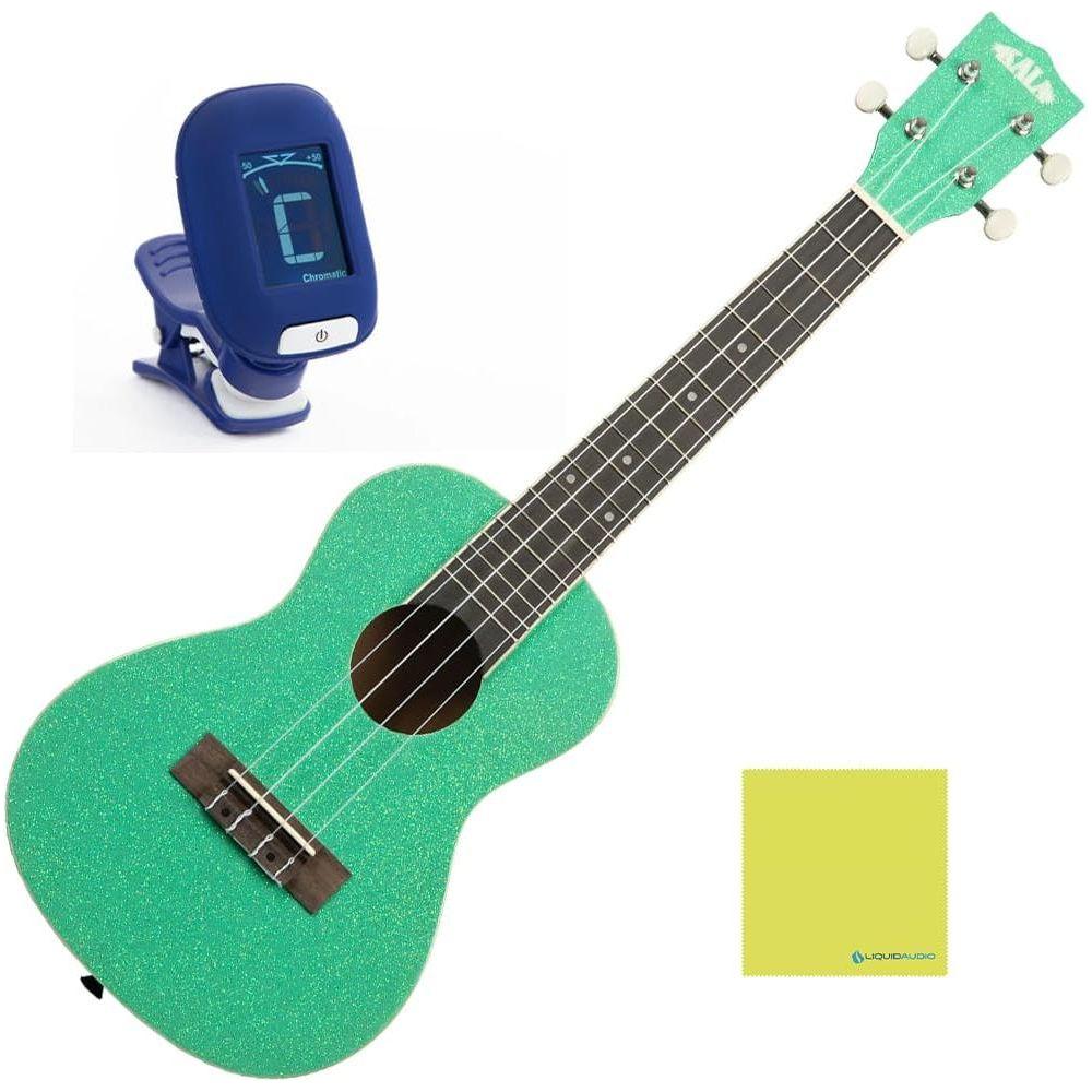 Kala Gatsby Green Sparkle Concert Ukulele, KA-SPRK-GREEN Bundle w/Kala KKBL Klipz Tuner in Blue and Liquid Audio Polishing Cloth