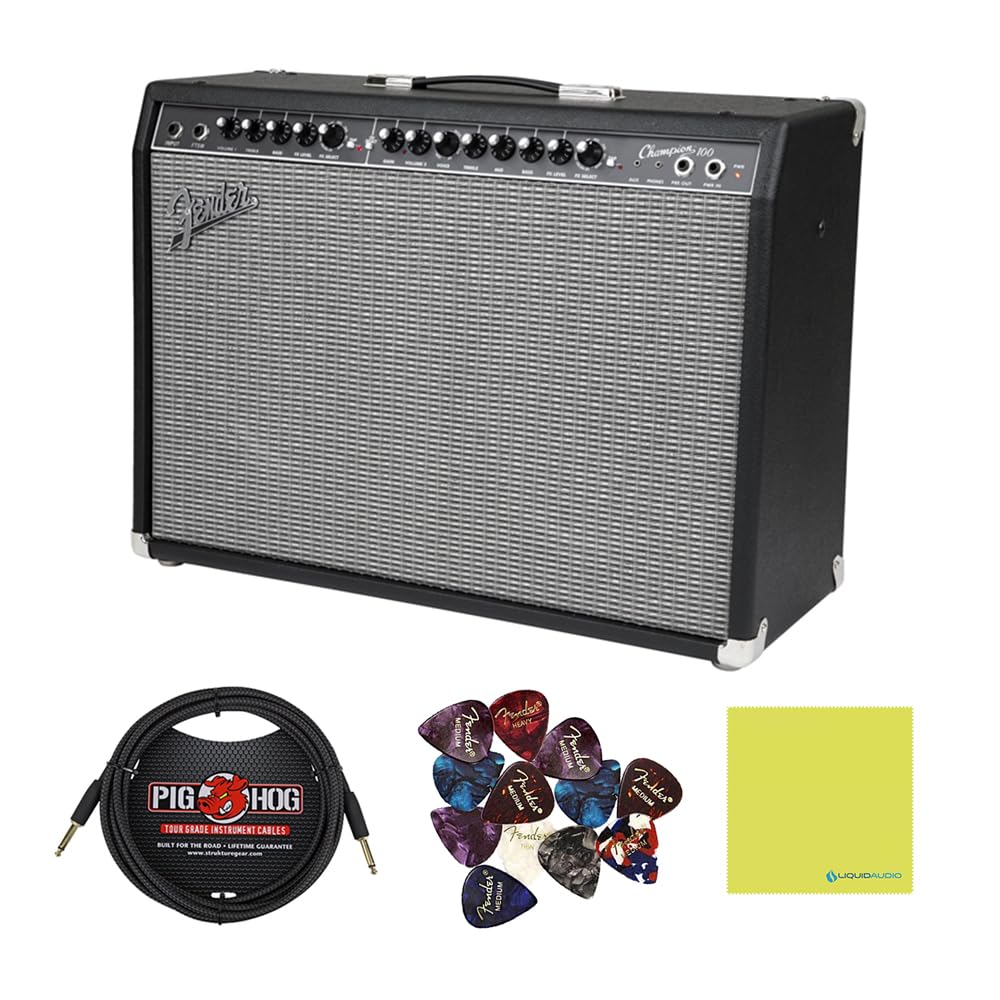 Fender Champion™ 100 Guitar Combo Amplifier, 120V, Black and Silver, 2330400000 Bundle w/Pig Hog PCH10BK “Black Woven” Instrument Cable, 12-Pack Guitar Picks & Liquid Audio Polishing Cloth