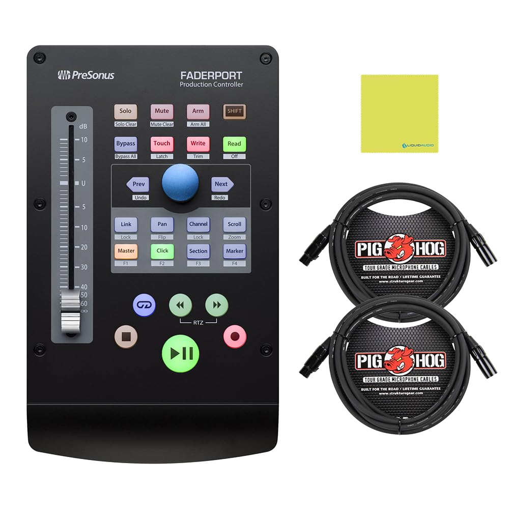 Pre Sonus FaderPort® DAW Controller Bundle w/ 2-Pack Pig Hog PHM10 8mm Mic Cable and Liquid Audio Polishing Cloth