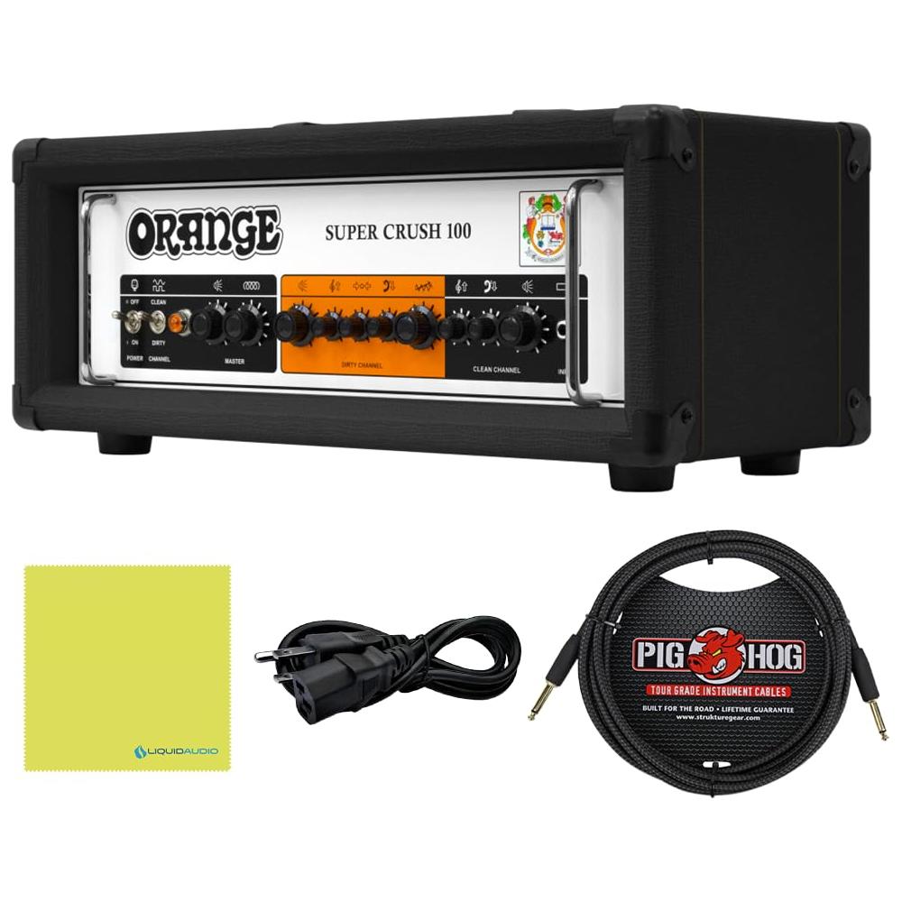 Orange Super Crush 100w Solid-State Head, Black Bundle w/Pig Hog PCH10BK Black Woven Instrument Cable, Power Cable & Liquid Audio Polishing Cloth