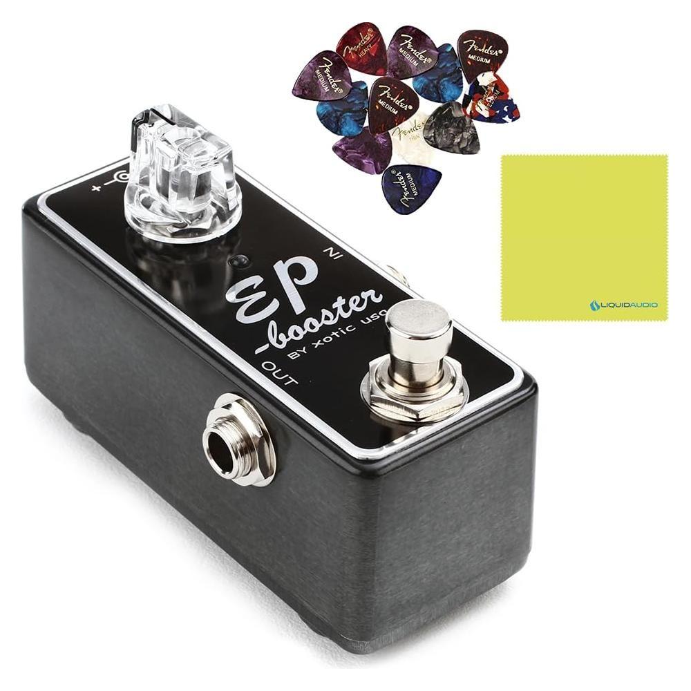 Xotic EP Booster Mini EQ Effect Pedal Up to +20db of Gain Bundle w/ 12x Fender Picks and Liquid Audio Polishing Cloth