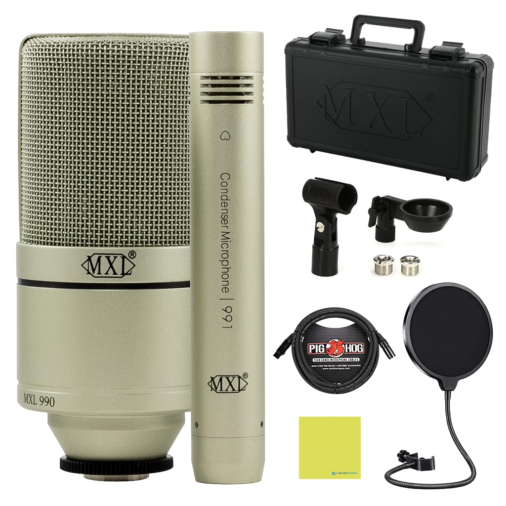 Liquid Audio MXL 990/991 Classic Recording Microphone Bundle w/Pig Hog PHM10 8mm Mic Cable, Pop Filter Polishing Cloth