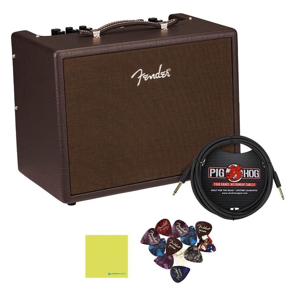 Fender Acoustic Junior Guitar Amplifier, 120V, Dark Brown, Bundle w/Pig Hog Black Woven Instrument Cable, 12-Pack Guitar Picks & Liquid Audio Polishing Cloth