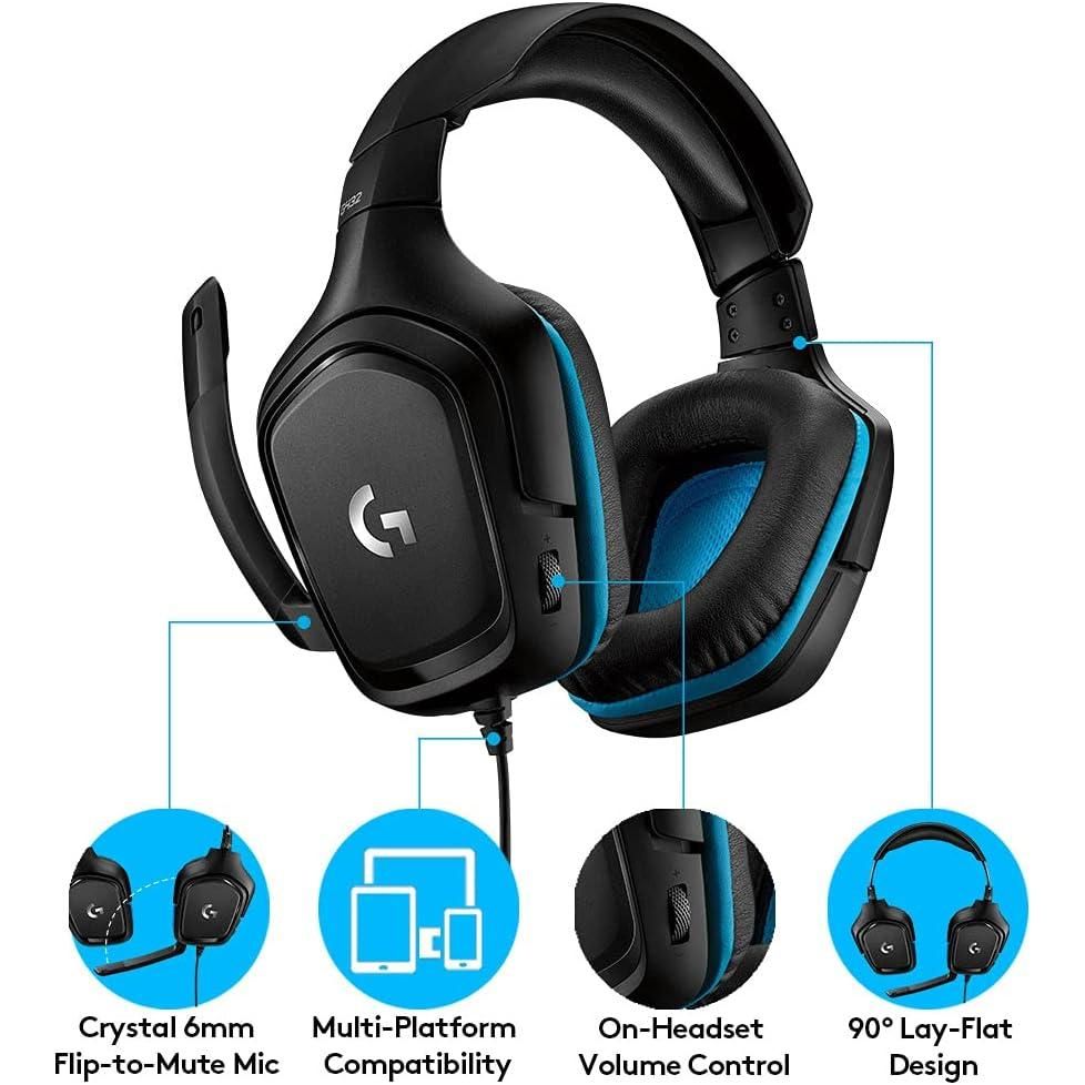 Logitech G432 Wired Gaming Headset, 7.1 Surround Sound, DTS HeadphoneX 2.0, Flip-to-Mute Mic, PC (Leatherette) BlackBlue, 7.2 x 3.2 x 6.8 inches