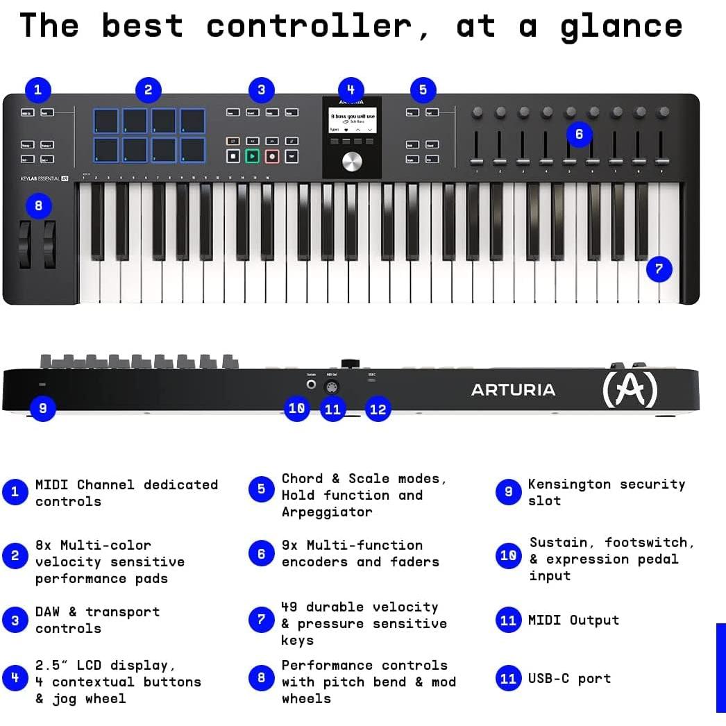 Arturia KeyLab 61 Essential mk3 MIDI Controller BUNDLE with MIDI Keyboard, Keyboard Sustain Pedal, USB Cable & Polishing Cloth - 61 Key Keyboard, Software Integration, Flexible Connectivity