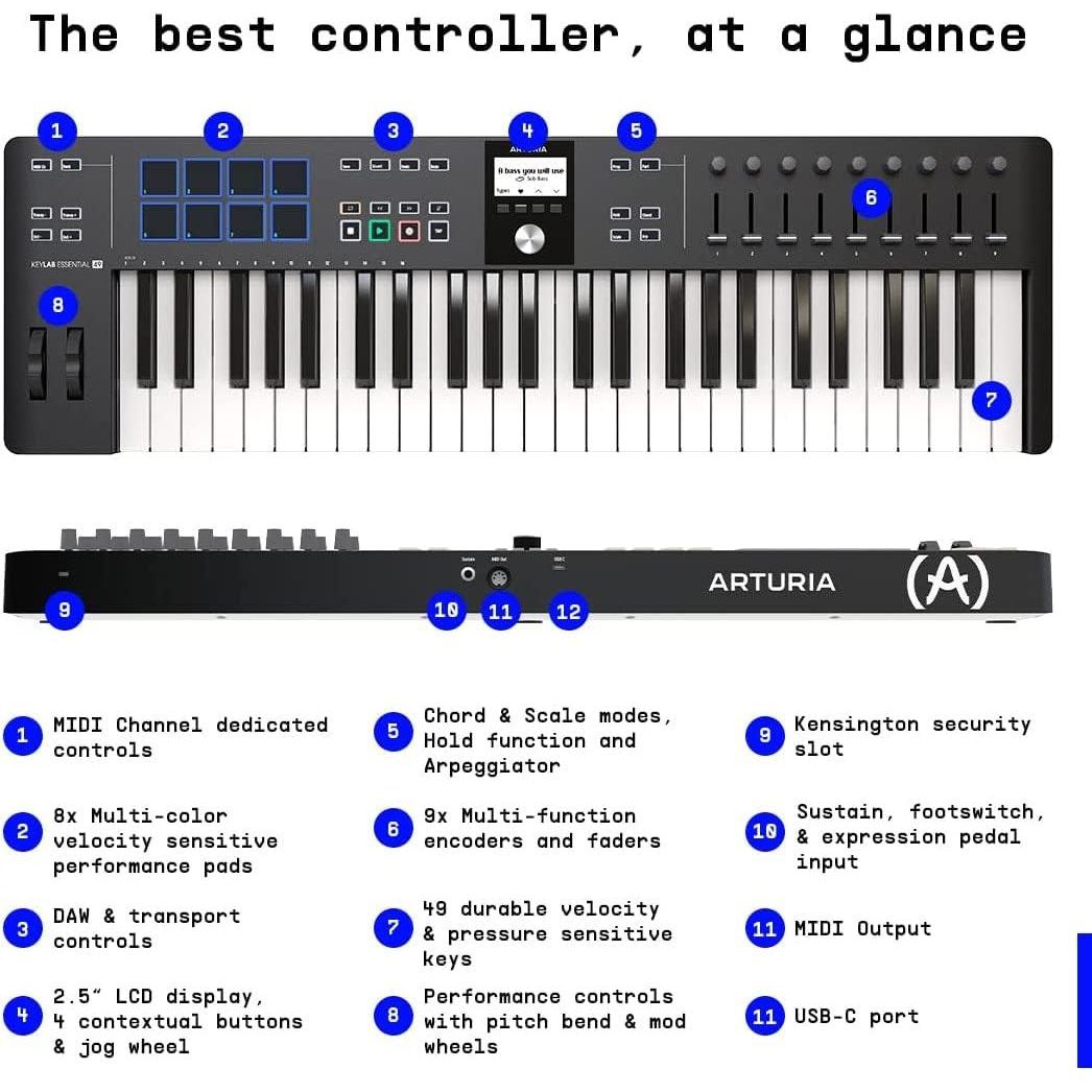 Arturia KeyLab Essential 49 mk3 MIDI Controller Bundle w/Deluxe Sustain Pedal, USB Cable & Liquid Audio Polishing Cloth (White)