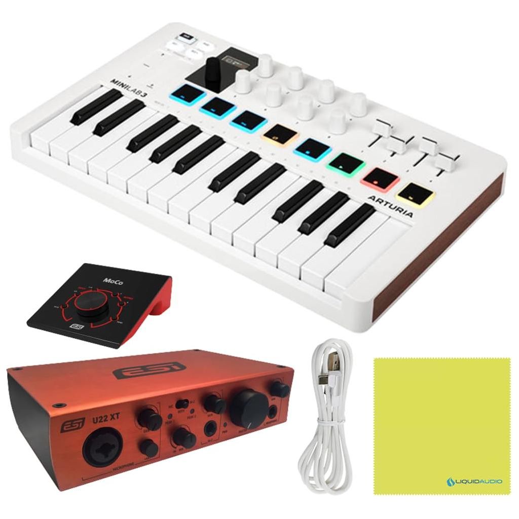 Arturia MiniLab 3 Mini Hybrid Keyboard Controller Bundle w/ESI U22 XT Audio Interface, ESI MoCo Passive Monitor Controller, Pro USB Cable & Liquid Audio Polishing Cloth