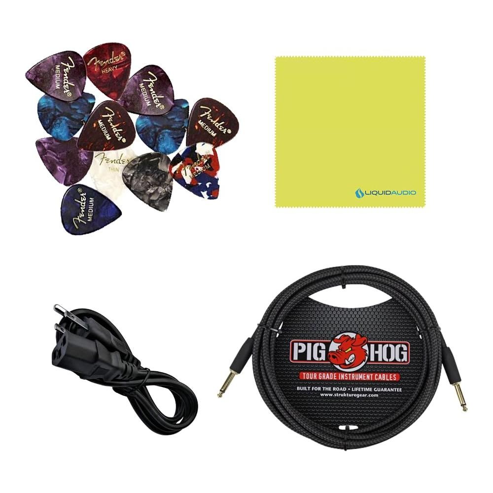 Fender Rumble 100 Bass Amplifier Bundle w/Pig Hog PCH10BK Black Woven Instrument Cable, Power Cable, 12x Fender Picks and Liquid Audio Polishing Cloth