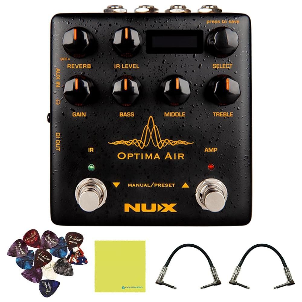 NUX Optima Air NAI-5 Dual Switch Guitar Simulator Bundle w/2x Strukture S6P48 Woven Right Angle Patch Cables, 12x Guitar Picks and Liquid Audio Polishing Cloth