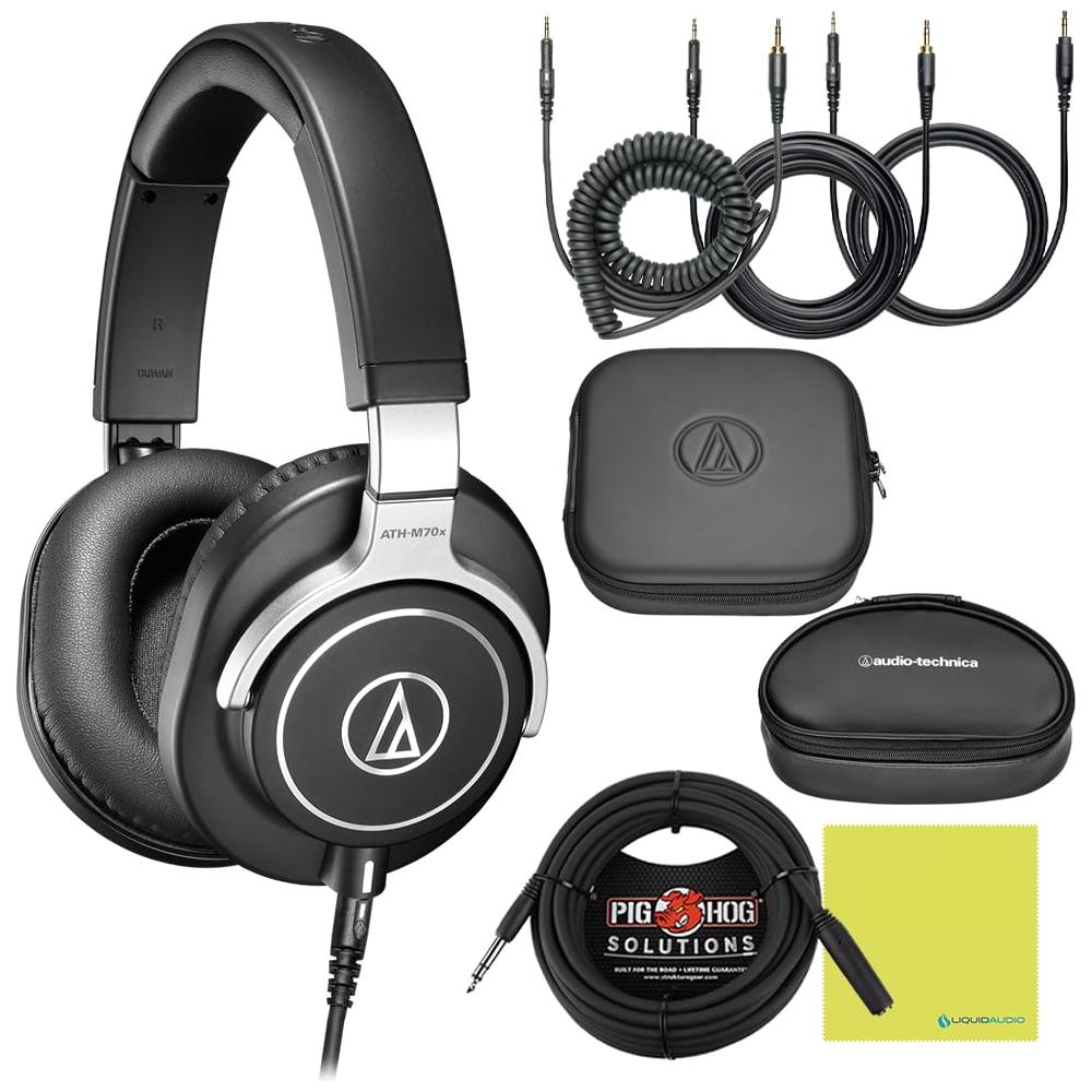 Liquid Audio Audio-Technica ATH-M70x Professional Monitor Headphones Bundle w/Pig Hog Solutions Headphone Extension Cable 1/4" Polishing Cloth