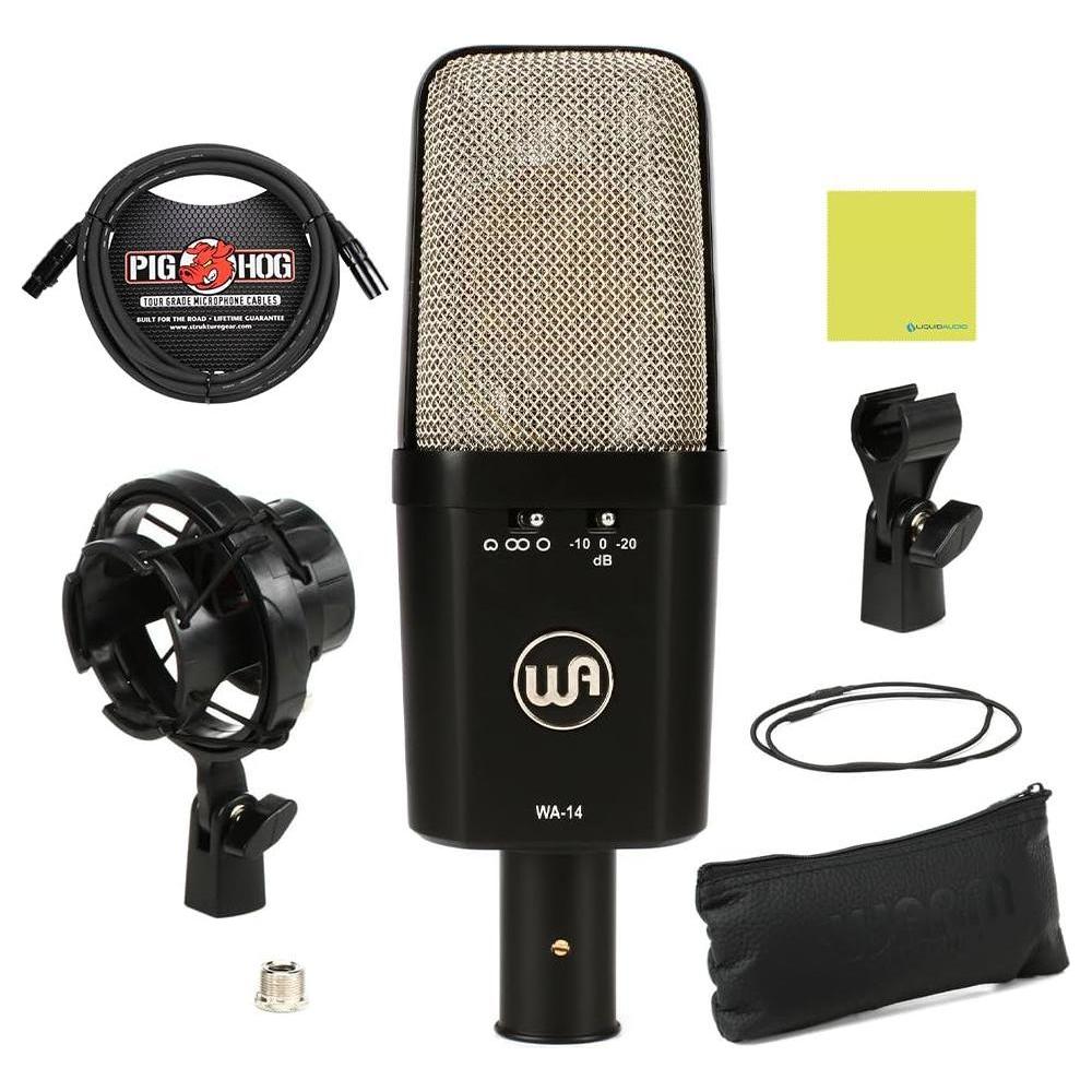 Liquid Audio Warm Audio WA-14 Large-Diaphragm Transformer-Balanced Condenser Microphone Bundle w/Pig Hog PHM10 Mic Cable, Shock Mount, Mic Clip, Mic Leather Bag Polishing Cloth