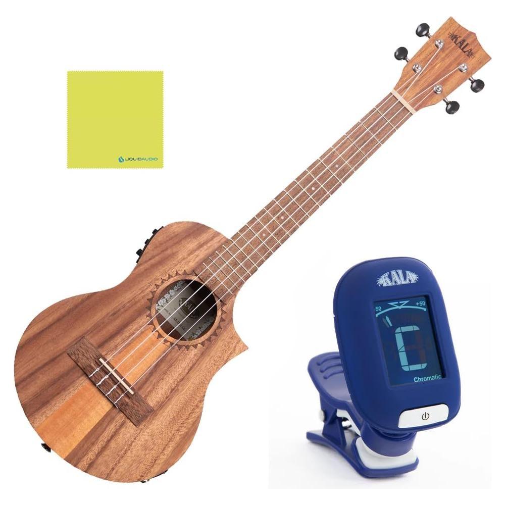 Kala Teak Tri-Top Tenor Ukulele w/Cutaway & EQ, KA-TK-T-CE Bundle w/Kala KKBL Klipz Tuner in Blue and Liquid Audio Polishing Cloth