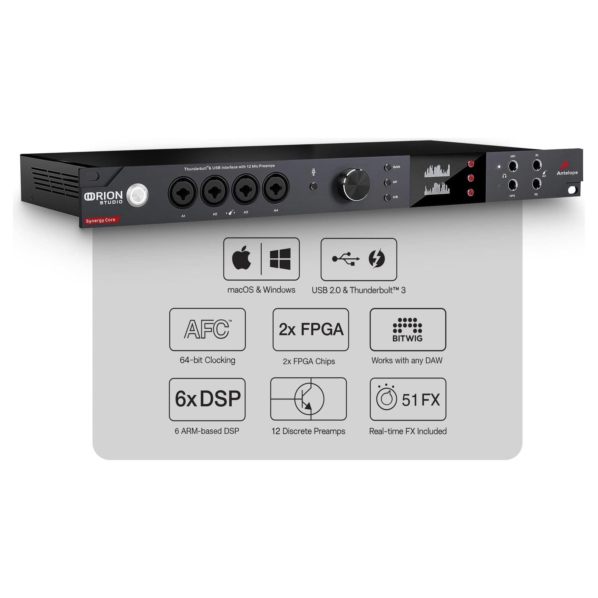 Orion Studio Synergy Core Thunderbolt 3 Interface and USB Audio Interface with 12 Discrete Preamps and 6 DSP + 2 FPGA FX Processors for Audio Recording - Antelope Audio