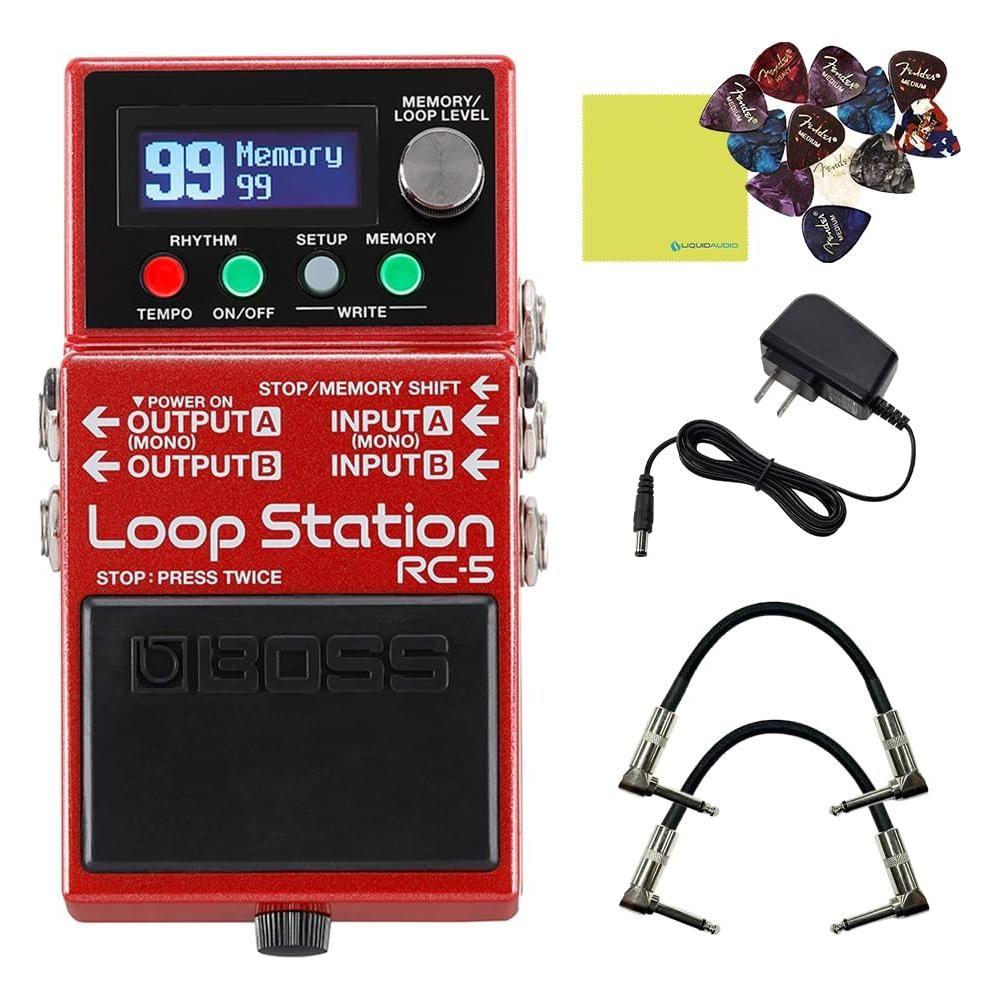 Boss RC-5 Loop Station Compact Phrase Recorder Pedal Bundle w/2x Strukture S6P48 Woven Right Angle Patch Cables, 12x Guitar Picks, 9V Power Adapter and Liquid Audio Polishing Cloth