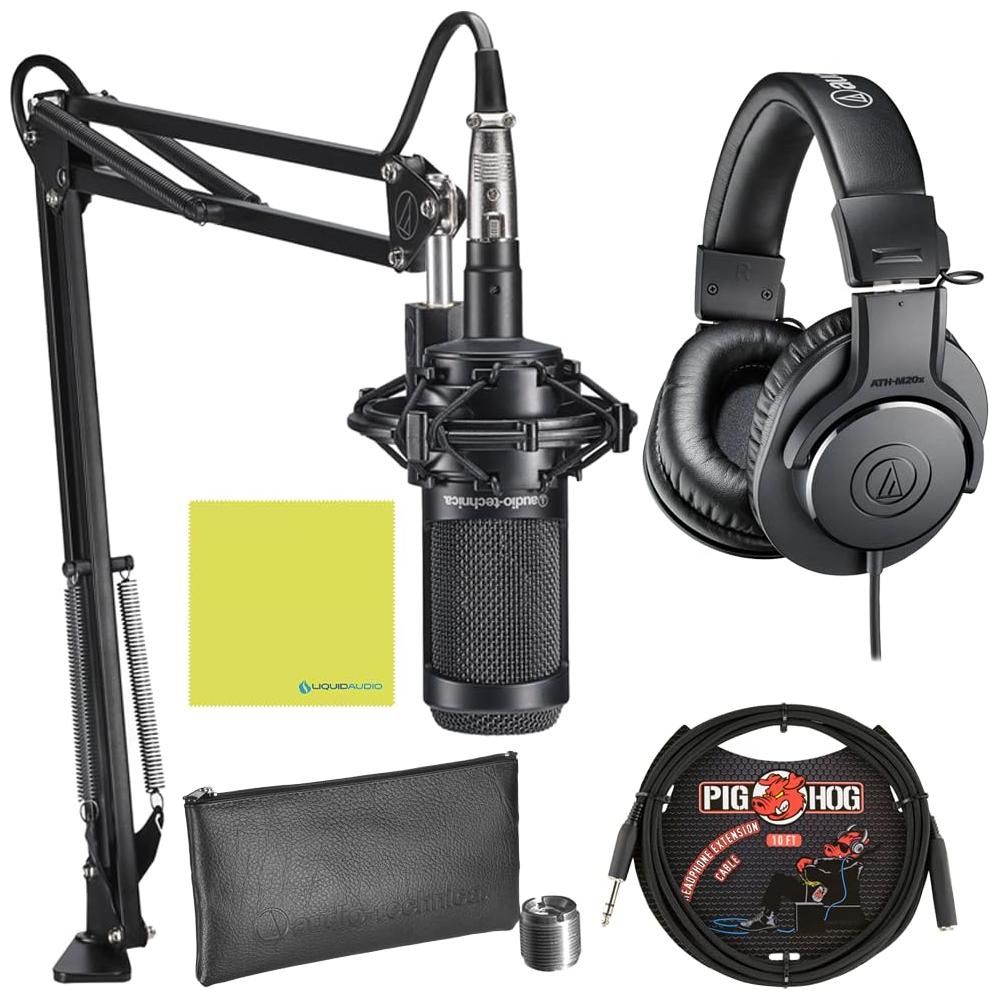 Liquid Audio Technica AT2035PK Vocal Microphone Pack for Streaming/Podcasting Bundle w/Pig Hog PHX14-10 Black Headphone Cable Polishing Cloth