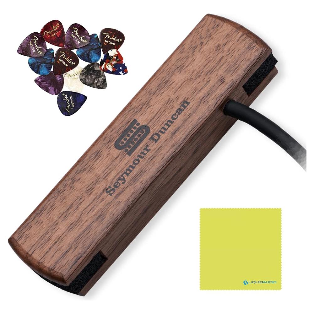 Seymour Duncan 11500-30-WLN Woody Single Coil Acoustic Guitar Soundhole Pickup - Walnut Bundle w/ 12x Fender Guitar Picks, and Liquid Audio Polishing Cloth