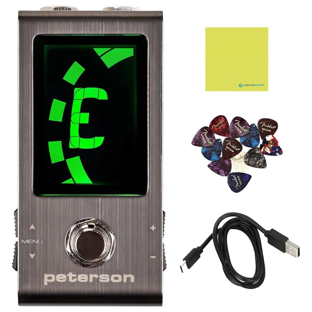 Peterson Tuners StroboStomp Mini Pedal Tuner Bundle w/ 12-Pack Guitar Picks & Liquid Audio Polishing Cloth