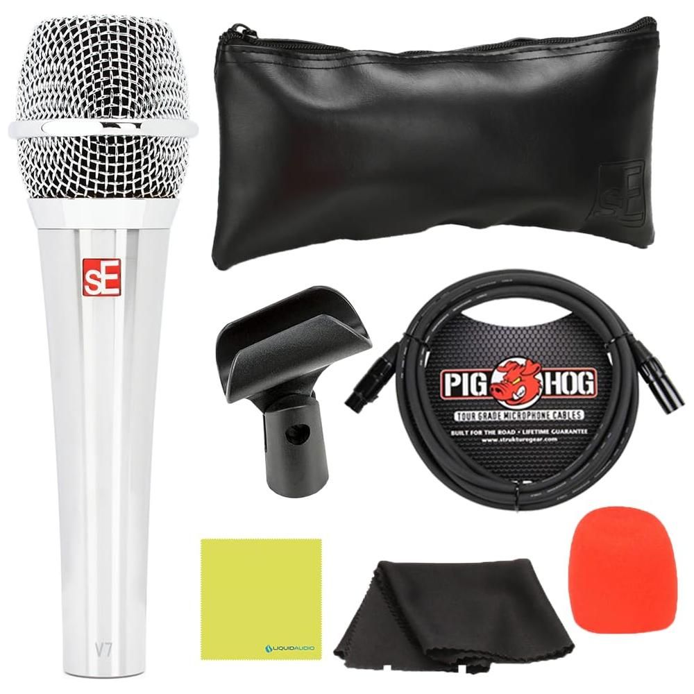 Liquid Audio sE Electronics V7 Supercardioid Dynamic Vocal Microphone in Chrome Finish Bundle w/Pig Hog PHM10 8mm Mic Cable Polishing Cloth