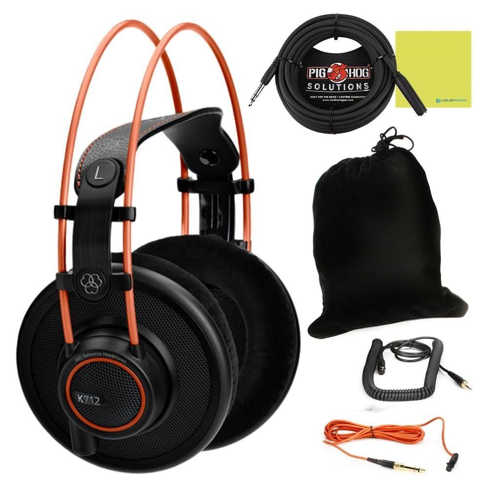 Liquid Audio AKG K712PRO Open-Back Mastering Reference and Studio Headphones Bundle w/Pig Hog PHX14-25 Headphone Extension Cable, 1/4