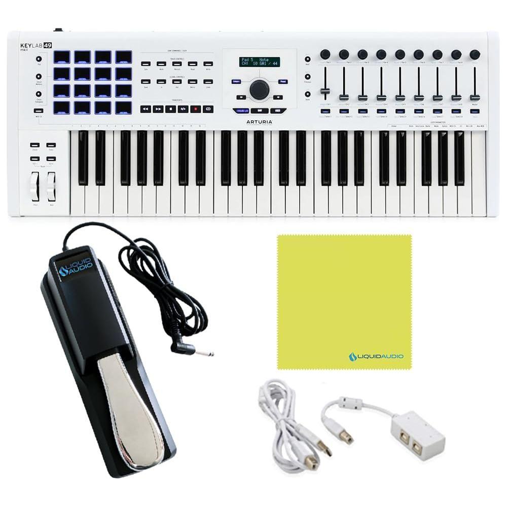 Arturia KeyLab 49 MkII White Semi Weighted MIDI Keyboard Controller Bundle w/Deluxe Sustain Pedal, USB Cable & Liquid Audio Polishing Cloth (4 Items)