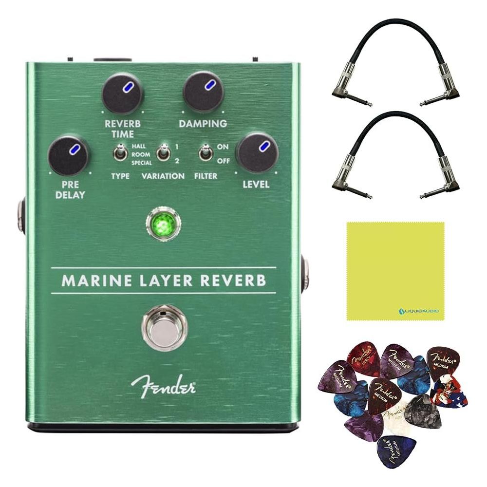 Fender Marine Layer Reverb Effects Pedal Bundle w/2x Strukture S6P48 Woven Right Angle Patch Cables, 12x Guitar Picks and Liquid Audio Polishing Cloth